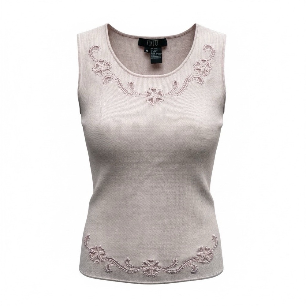 Vintage Y2K Coquette Pink Beaded Tank Top Size M Baby Pink Embroidered Soft Girl